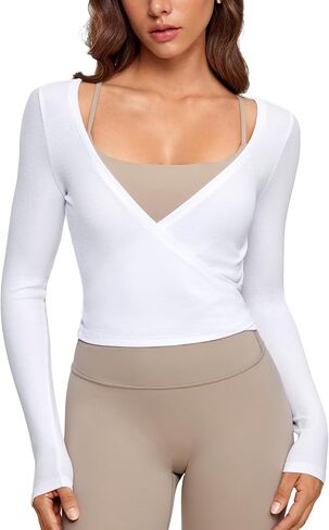 Womens V-Neck Long Sleeve Cross Wrap Top Slim Fit Soft Knit Layering Shirt Casual Yoga Gym Bandage Tie Tops in Saudi Arabia