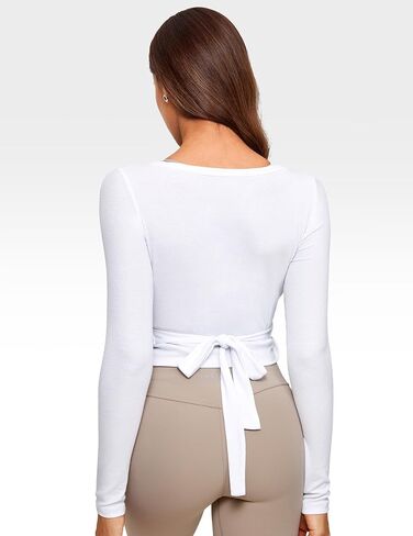 Womens V-Neck Long Sleeve Cross Wrap Top Slim Fit Soft Knit Layering Shirt Casual Yoga Gym Bandage Tie Tops in Saudi Arabia