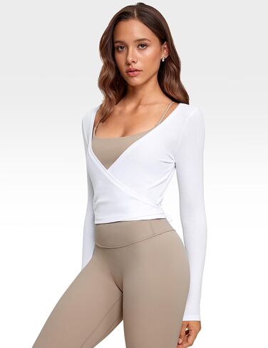 Womens V-Neck Long Sleeve Cross Wrap Top Slim Fit Soft Knit Layering Shirt Casual Yoga Gym Bandage Tie Tops in Saudi Arabia