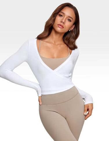 Womens V-Neck Long Sleeve Cross Wrap Top Slim Fit Soft Knit Layering Shirt Casual Yoga Gym Bandage Tie Tops in Saudi Arabia