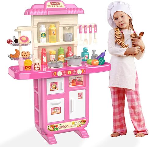 Play Kitchen Toys for Kids - 46-Piece Realistic Kitchen Set with Lights, Sounds, and Spray Function - Perfectly Gift for Ages 3+ in Saudi Arabia