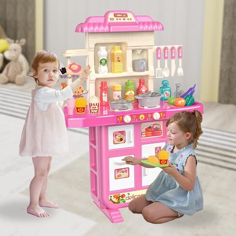 Play Kitchen Toys for Kids - 46-Piece Realistic Kitchen Set with Lights, Sounds, and Spray Function - Perfectly Gift for Ages 3+ in Saudi Arabia