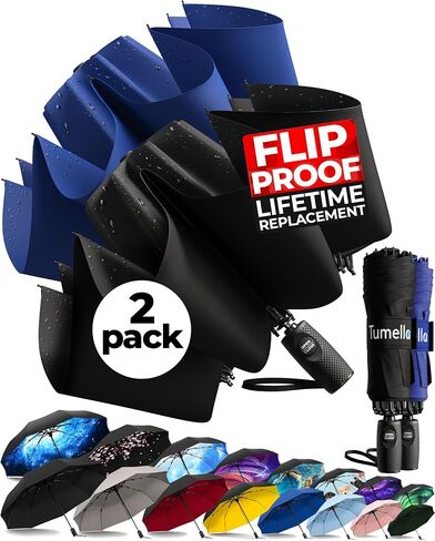 TUMELLA Strongest Windproof Reversed Travel Umbrella, Small Strong but Light Portable and Automatic Folding Rain Umbrella, Durable Premium Grip, Fits Car & Backpack in Kuwait