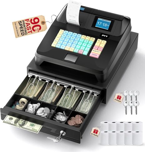 PYY Cash Register for Small Businesses - Electronic Commercial Caja Registradora para Negocio with Lock Cash Drawer Box, 48 Keys, 8 Digital Dual Display, POS System for Retail Restaurant Supermarket in Saudi Arabia