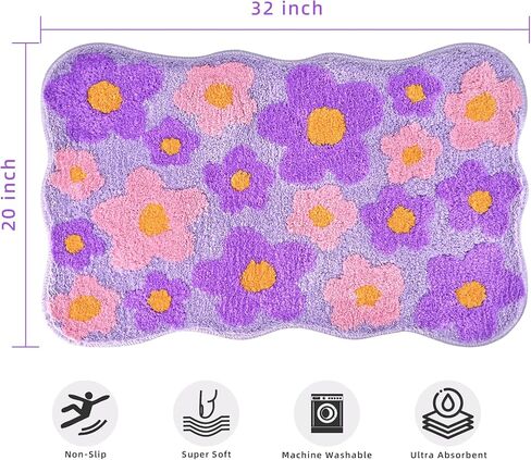 Floral Color Bathroom Rugs, 20"x32" Cute Flower Shaped Bath Mat, Non-Slip Extra Soft and Absorbent Carpet Rug for Floor Tub Shower, Machine Washable, Thick Microfiber Plush Bathmat (Purple) in Saudi Arabia