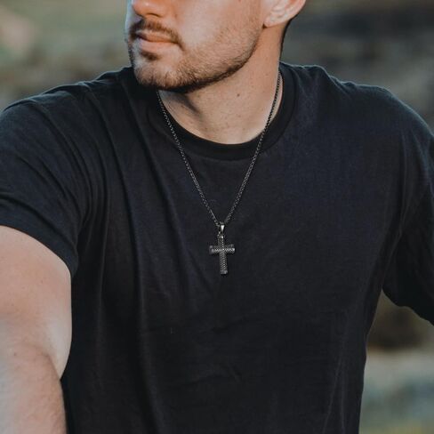 Vintage Twill Cross Necklace for Men, 316L Stainless Steel Stylish Christian Pendant Jewelry for Men, 24" Rolo Chain Religious Jewelry in Saudi Arabia