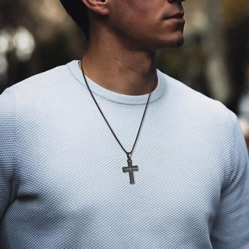 Vintage Twill Cross Necklace for Men, 316L Stainless Steel Stylish Christian Pendant Jewelry for Men, 24" Rolo Chain Religious Jewelry in Saudi Arabia