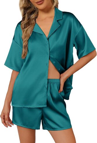 Ekouaer Womens Silk Satin Pajamas Set Short Sleeve Sleepwear Button Down Top and Shorts Loungewear 2 Piece Pjs Set in Saudi Arabia