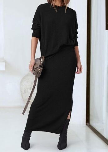PRETTYGARDEN Women's Two Piece Matching Sweater Sets Knit Long Sleeve Pullover Tops Bodycon Long Maxi Skirts Fall Outfits in Saudi Arabia