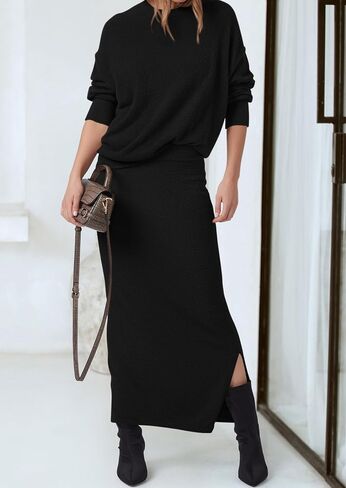PRETTYGARDEN Women's Two Piece Matching Sweater Sets Knit Long Sleeve Pullover Tops Bodycon Long Maxi Skirts Fall Outfits in Saudi Arabia