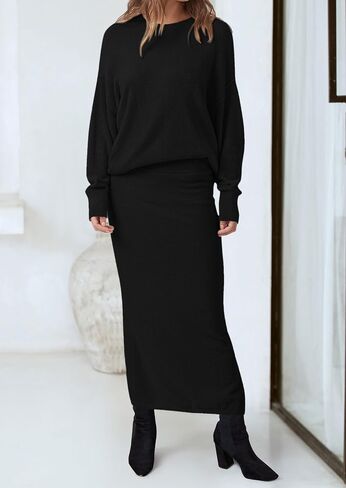 PRETTYGARDEN Women's Two Piece Matching Sweater Sets Knit Long Sleeve Pullover Tops Bodycon Long Maxi Skirts Fall Outfits in Saudi Arabia