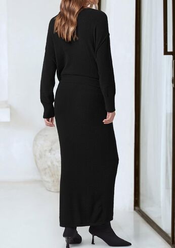 PRETTYGARDEN Women's Two Piece Matching Sweater Sets Knit Long Sleeve Pullover Tops Bodycon Long Maxi Skirts Fall Outfits in Saudi Arabia