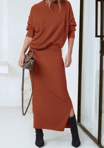 PRETTYGARDEN Women's Two Piece Matching Sweater Sets Knit Long Sleeve Pullover Tops Bodycon Long Maxi Skirts Fall Outfits in Kuwait