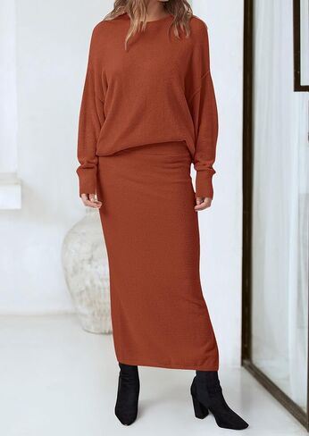 PRETTYGARDEN Women's Two Piece Matching Sweater Sets Knit Long Sleeve Pullover Tops Bodycon Long Maxi Skirts Fall Outfits in Kuwait