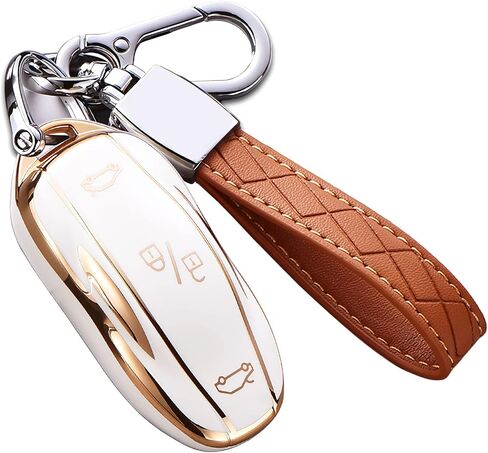 for Tesla Model X Key Fob Cover with Keychain, Full Cover Protection Key Fob Case Premium Soft TPU Smart Remote Key Holder (Ivory) in Kuwait