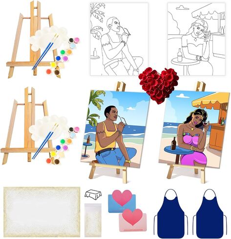 Ynedin 17 Pcs Sip and Paint Kit with Easels Aprons Valentines for Adults Couples Painting Kit Date Night, Pre Drawn Canvas to Paint Date Night Painting Kit for Couples for Adults Night Party in Saudi Arabia