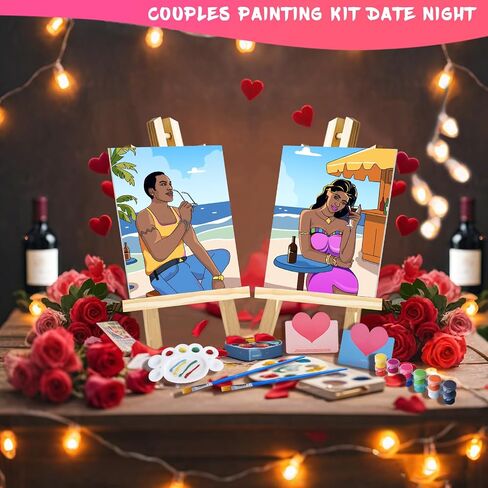 Ynedin 17 Pcs Sip and Paint Kit with Easels Aprons Valentines for Adults Couples Painting Kit Date Night, Pre Drawn Canvas to Paint Date Night Painting Kit for Couples for Adults Night Party in Saudi Arabia