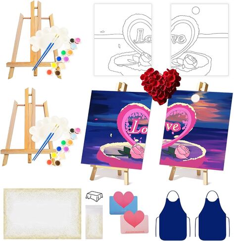 Ynedin 17 Pcs Sip and Paint Kit with Easels Aprons Valentines for Adults Couples Painting Kit Date Night, Pre Drawn Canvas to Paint Date Night Painting Kit for Couples for Adults Night Party in Saudi Arabia