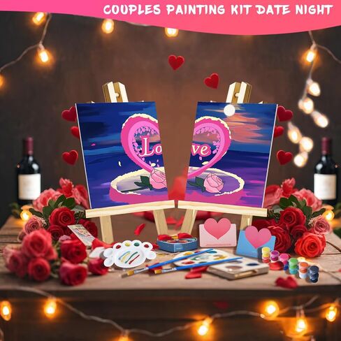 Ynedin 17 Pcs Sip and Paint Kit with Easels Aprons Valentines for Adults Couples Painting Kit Date Night, Pre Drawn Canvas to Paint Date Night Painting Kit for Couples for Adults Night Party in Saudi Arabia