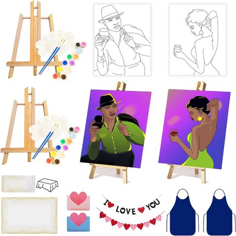 Ynedin 17 Pcs Sip and Paint Kit with Easels Aprons Valentines for Adults Couples Painting Kit Date Night, Pre Drawn Canvas to Paint Date Night Painting Kit for Couples for Adults Night Party in Saudi Arabia