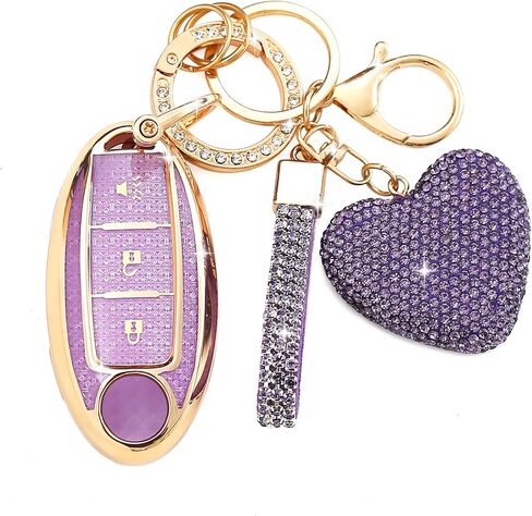 Key Fob Cover with Diamond Keychain for Nissan Car Key Shell Compatible with Nissan Altima Rogue Sentra Pathfinder Frontier Maxima Titan Murano Kicks Juke Versa Armada (3 Buttons-Purple Heart) in Saudi Arabia