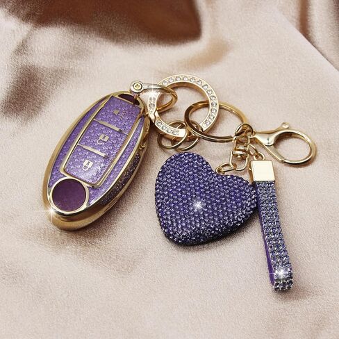 Key Fob Cover with Diamond Keychain for Nissan Car Key Shell Compatible with Nissan Altima Rogue Sentra Pathfinder Frontier Maxima Titan Murano Kicks Juke Versa Armada (3 Buttons-Purple Heart) in Saudi Arabia