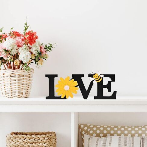 LOVE Wooden Spring Decoration Sign with Bee and Sunflower, Rustic Farmhouse Decor for table top, wall, tray, Shelf and Fireplace, Adorable wooden for Living Rome Summer Decoration in Saudi Arabia