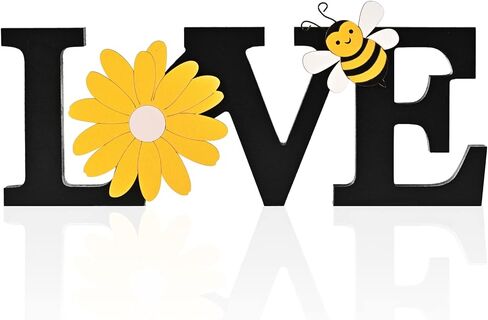 LOVE Wooden Spring Decoration Sign with Bee and Sunflower, Rustic Farmhouse Decor for table top, wall, tray, Shelf and Fireplace, Adorable wooden for Living Rome Summer Decoration in Saudi Arabia