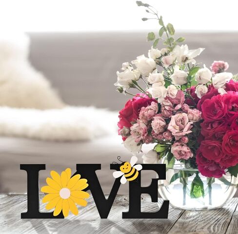 LOVE Wooden Spring Decoration Sign with Bee and Sunflower, Rustic Farmhouse Decor for table top, wall, tray, Shelf and Fireplace, Adorable wooden for Living Rome Summer Decoration in Saudi Arabia