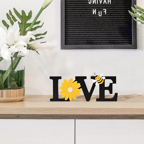 LOVE Wooden Spring Decoration Sign with Bee and Sunflower, Rustic Farmhouse Decor for table top, wall, tray, Shelf and Fireplace, Adorable wooden for Living Rome Summer Decoration in Saudi Arabia