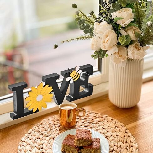 LOVE Wooden Spring Decoration Sign with Bee and Sunflower, Rustic Farmhouse Decor for table top, wall, tray, Shelf and Fireplace, Adorable wooden for Living Rome Summer Decoration in Saudi Arabia