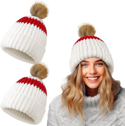 2 Pack Women Beanie Hat Winter Pom Pom Warm Skull Cap Trendy Knit Hat in Kuwait