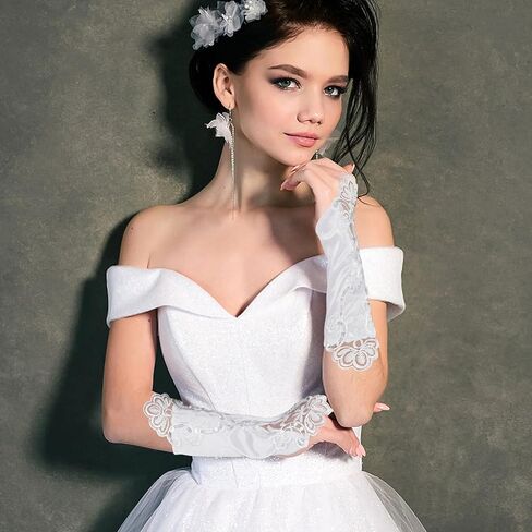 Fingerless Lace Gloves Women Elegant Long Satin Gloves Bridal Banquet Prom Formal Dress Opera 1920s Lace Soft Breathable Masquerade Wedding Gloves for Bride (White) in Kuwait