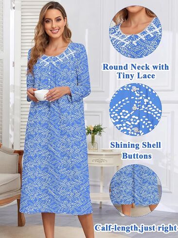 Cotton Nightgowns for Women Long Sleeves Sleepwear Full Length Nightdress Soft House Dress Loungewear in Saudi Arabia