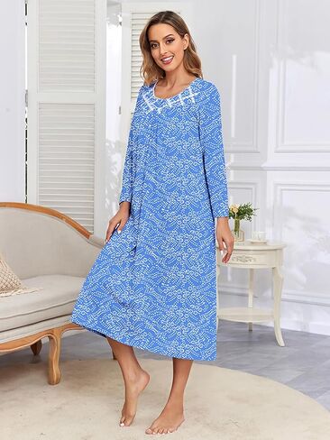 Cotton Nightgowns for Women Long Sleeves Sleepwear Full Length Nightdress Soft House Dress Loungewear in Saudi Arabia