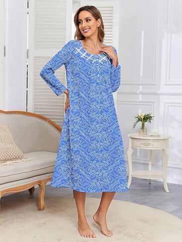 Cotton Nightgowns for Women Long Sleeves Sleepwear Full Length Nightdress Soft House Dress Loungewear in Saudi Arabia