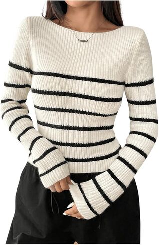 Verdusa Women's Striped Sweaters Long Sleeve Boat Neck Knitted Pullover Crop Tops in Kuwait