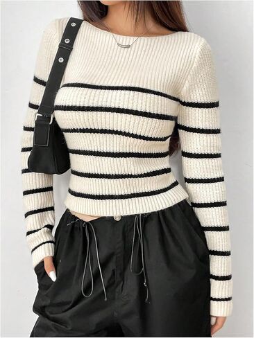 Verdusa Women's Striped Sweaters Long Sleeve Boat Neck Knitted Pullover Crop Tops in Kuwait