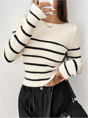 Verdusa Women's Striped Sweaters Long Sleeve Boat Neck Knitted Pullover Crop Tops in Kuwait