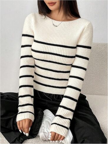 Verdusa Women's Striped Sweaters Long Sleeve Boat Neck Knitted Pullover Crop Tops in Kuwait