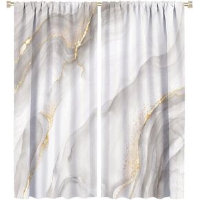 White Grey Marble Curtains, Abstract Modern Luxury Ink Texture Gold Veins Rod Pocket Window Treatments Drapes for Bedroom Living Room Kitchen Dining Room 42x45in