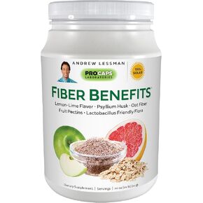 ANDREW LESSMAN Fiber Benefits Powder 60 Servings - Lemon-Lime, Gentle, Natural Soluble/Insoluble Fiber, Promotes Regularity & Cleansing. Psyllium Husk, Oat, Apple, Grapefruit, Guar Gum, Probiotics