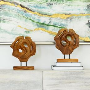 WELLAND Set of 2 Teak Abstract Handmade Sculpture Live Edge Home Decor Statue,9.75"x3.5"x12.25