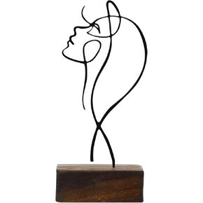 Metal Line Figure,Wrought Iron Characters Abstract Female Facial with Wooden Base for Home Office Table Decor