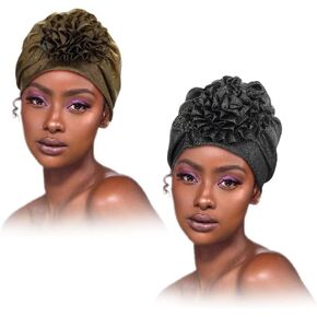 Urieo Women Flower Turban Hats Vintage Head Wrap Hat Elastic Beanie Headwrap Pack of 2 Silver/Gold