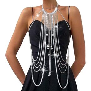 Boho Body Chain Bra Silver Body Chain Necklace Tassel Body Crossover Harness Beach Body Accessories Jewelry for Women (Top)