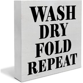 YIDOU Country Laundry Room Wood Box Sign Decor Desk Sign Wash Dry Fold Repeat Laundry Wooden Box Block Sign Rustic Home Shelf Wall Decoration