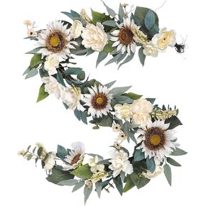 6 ft Flowers Garland Decor - Handcrafted Artificial Sunflower Rose Peony Vine Swag - Spring Summer White Floral Arrangement for Home Table Mantel Railing Stair Door Wedding Party Arch Backdrop
