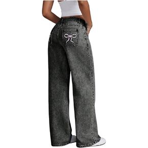 Floerns Women's Bowknot Embroidery Jeans Y2k Straight Leg Boyfriend Denim Pants