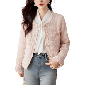 Vintage Women Woolen Tweed Coat O-Neck Slim Short Jackets Korean Wool Blends Outwear Tops